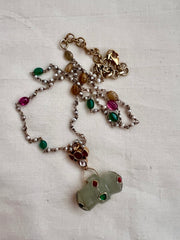 Kundan & ruby pendant with inlay work on natural jade stone with pearls chain