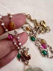 Kundan & ruby pendant with inlay work on natural jade stone with pearls chain