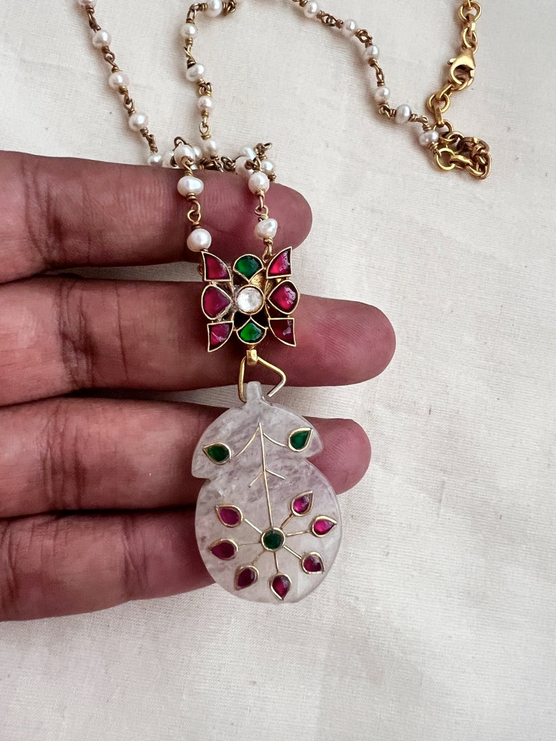 Ruby & emerald pendant chain with kundan inlay work on natural jade stone