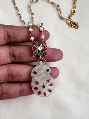 Ruby & emerald pendant chain with kundan inlay work on natural jade stone