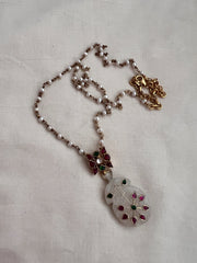Ruby & emerald pendant chain with kundan inlay work on natural jade stone