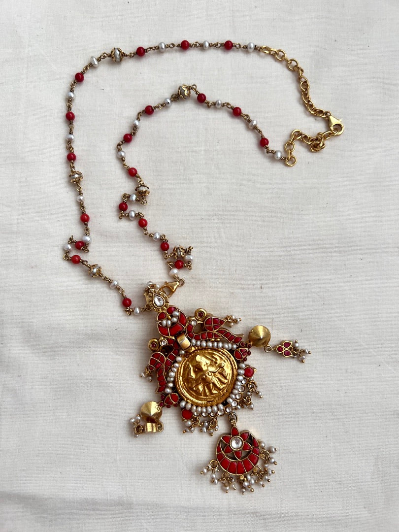 Gold polish kundan & coral pendant chain with pearls and coral beads