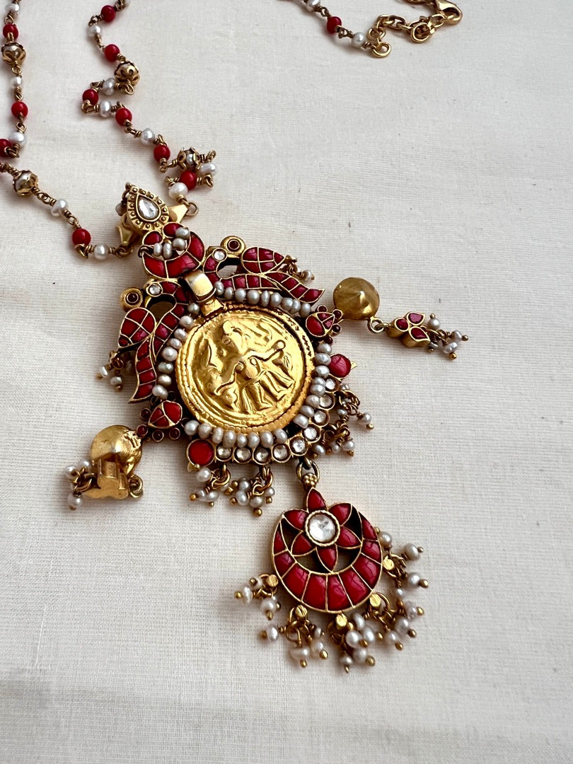 Gold polish kundan & coral pendant chain with pearls and coral beads