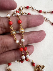 Gold polish kundan & coral pendant chain with pearls and coral beads