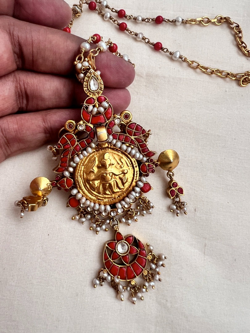 Gold polish kundan & coral pendant chain with pearls and coral beads
