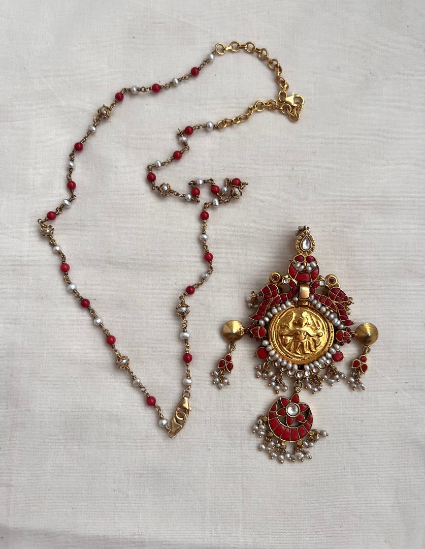 Gold polish kundan & coral pendant chain with pearls and coral beads