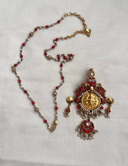 Gold polish kundan & coral pendant chain with pearls and coral beads