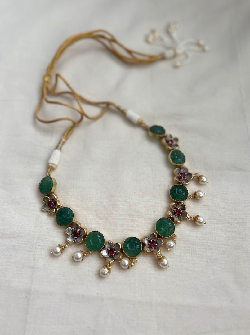 Gold polish kundan, ruby & carved green onyx stone necklace with pearls