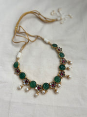 Gold polish kundan, ruby & carved green onyx stone necklace with pearls