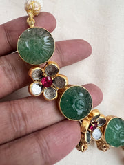 Gold polish kundan, ruby & carved green onyx stone necklace with pearls