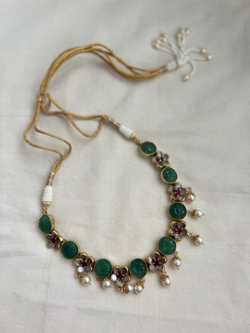 Gold polish kundan, ruby & carved green onyx stone necklace with pearls