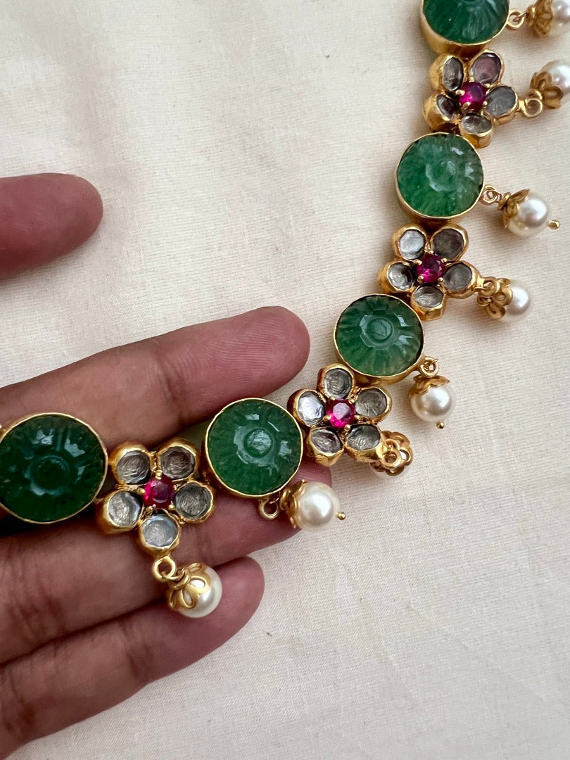 Gold polish kundan, ruby & carved green onyx stone necklace with pearls
