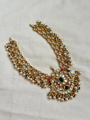 Gold polish kundan, ruby & emerald statement necklace with pearls