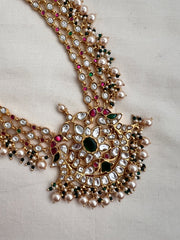Gold polish kundan, ruby & emerald statement necklace with pearls