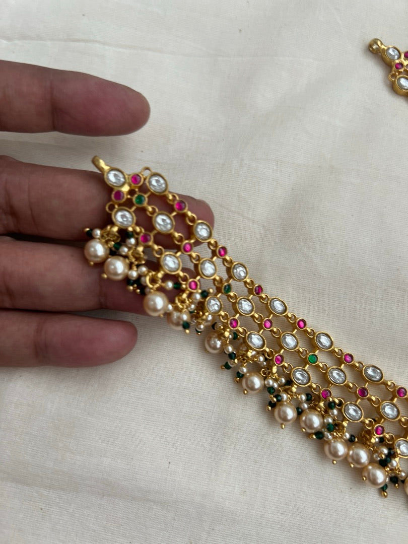 Gold polish kundan, ruby & emerald statement necklace with pearls