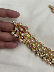 Gold polish kundan, ruby & emerald statement necklace with pearls