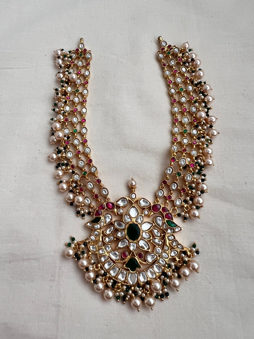 Gold polish kundan, ruby & emerald statement necklace with pearls