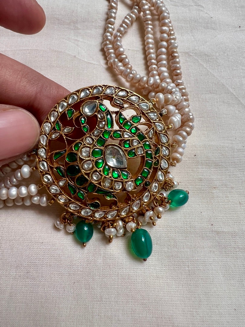 Gold polish kundan & emerald peacock choker with pearl strings and green onyx beads