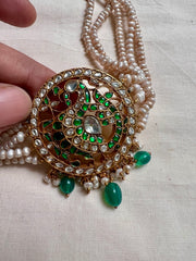 Gold polish kundan & emerald peacock choker with pearl strings and green onyx beads
