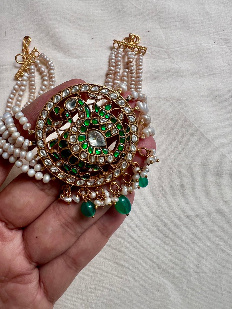 Gold polish kundan & emerald peacock choker with pearl strings and green onyx beads