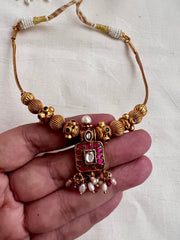 Gold polish kundan & ruby small square pendant necklace with pearls & ruby beads