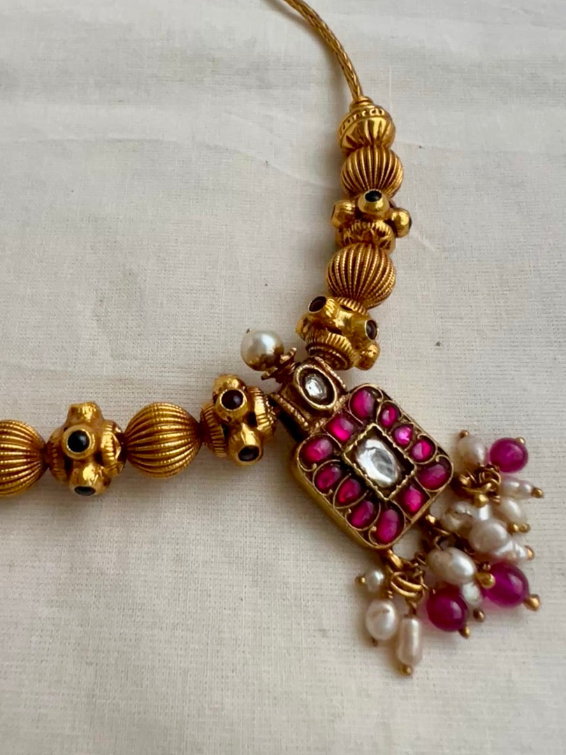 Gold polish kundan & ruby small square pendant necklace with pearls & ruby beads