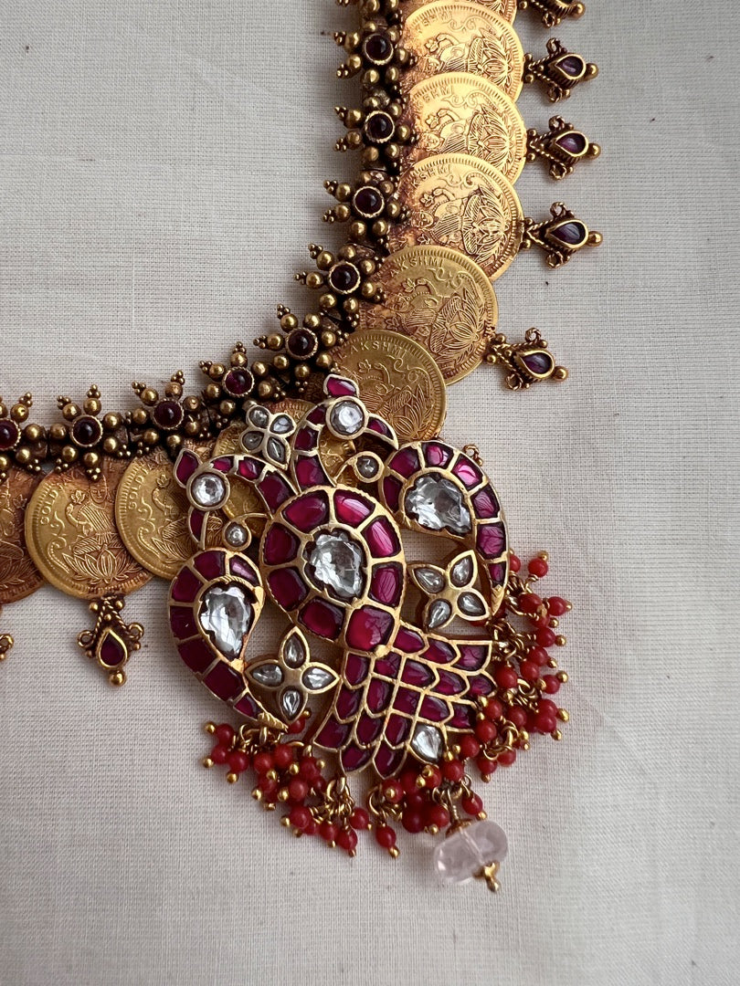 Gold polish kasumala with kundan and ruby gandaberunda pendant