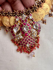 Gold polish kasumala with kundan and ruby gandaberunda pendant