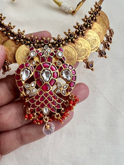 Gold polish kasumala with kundan and ruby gandaberunda pendant