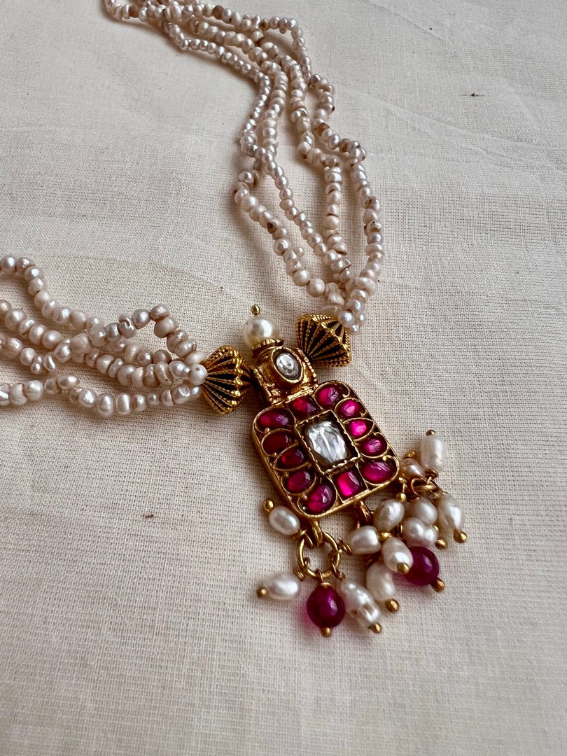 Gold polish kundan & ruby small square pendant necklace with pearls chain