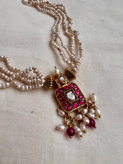 Gold polish kundan & ruby small square pendant necklace with pearls chain