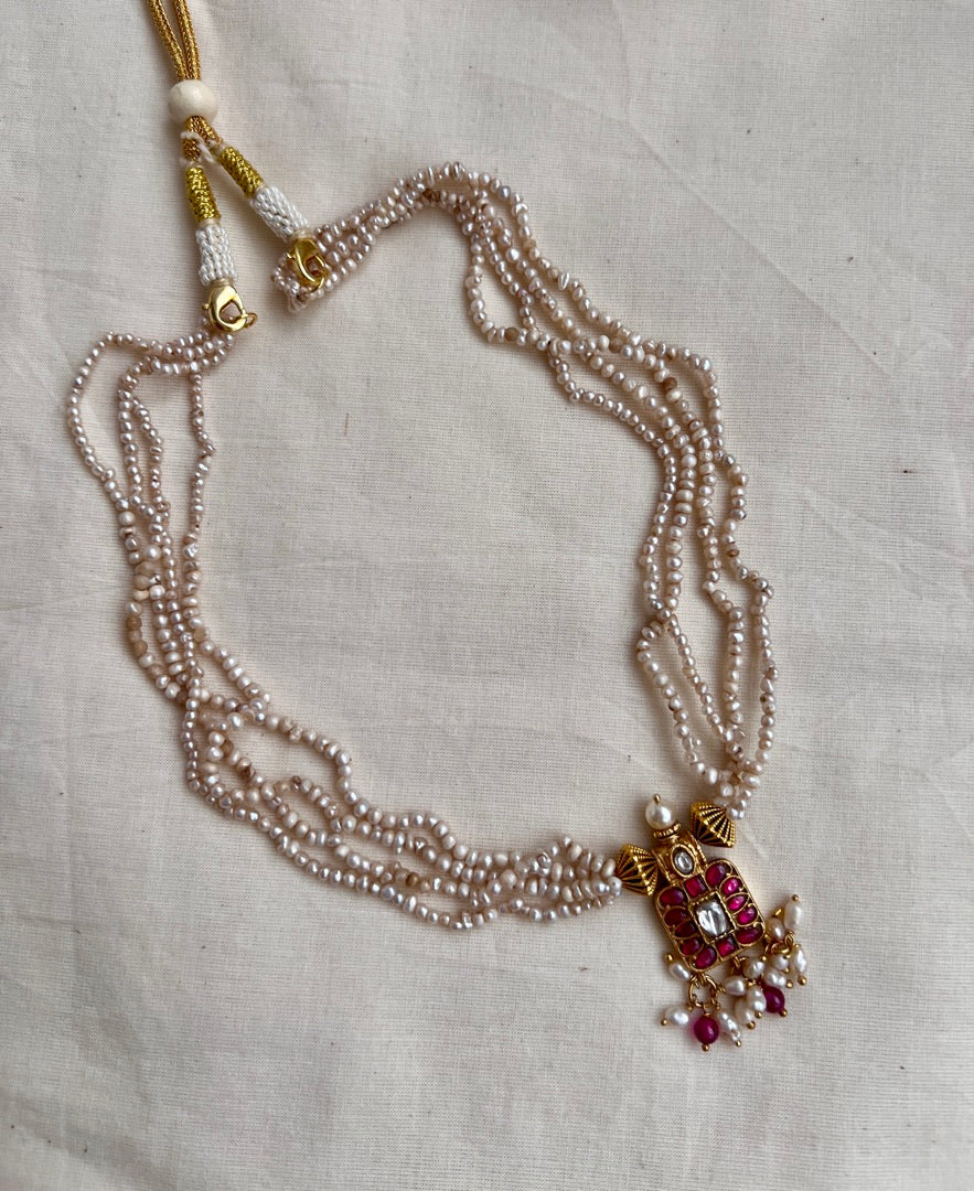 Gold polish kundan & ruby small square pendant necklace with pearls chain