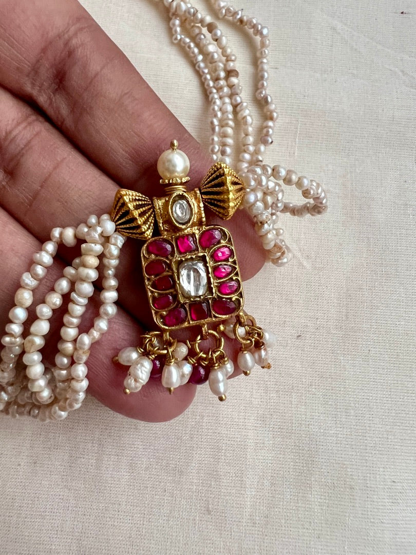 Gold polish kundan & ruby small square pendant necklace with pearls chain