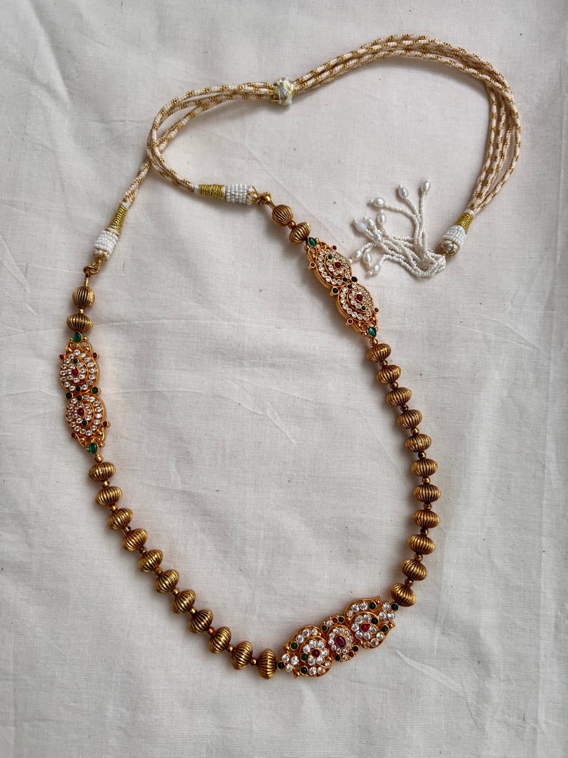 Gold polish kundan, ruby & emerald pendant necklace with nakash beads