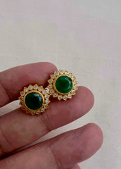 Gold polish zircon and green stone studs