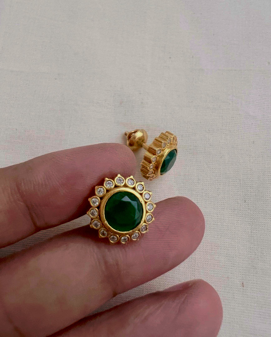 Gold polish zircon and green stone studs