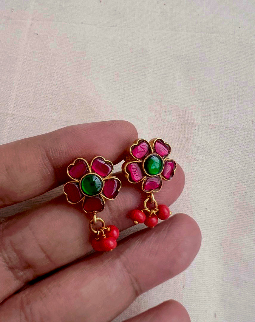 Gold polish ruby, emerald & coral studs