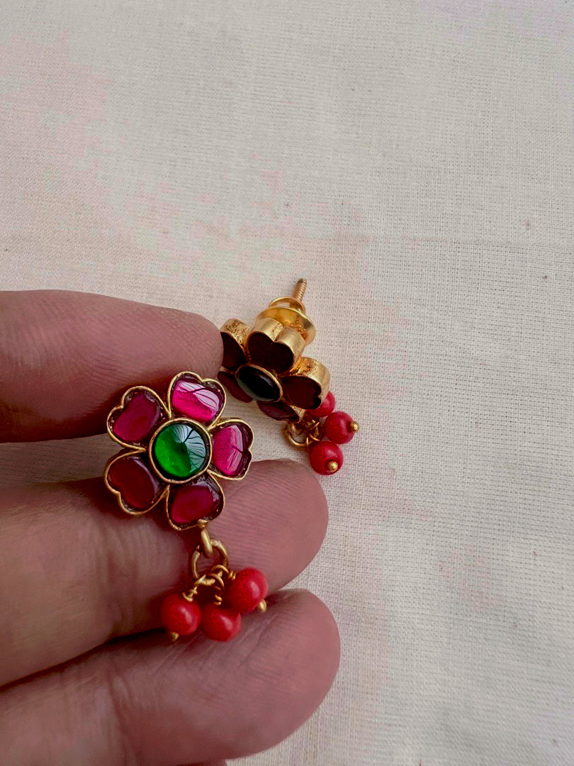 Gold polish ruby, emerald & coral studs