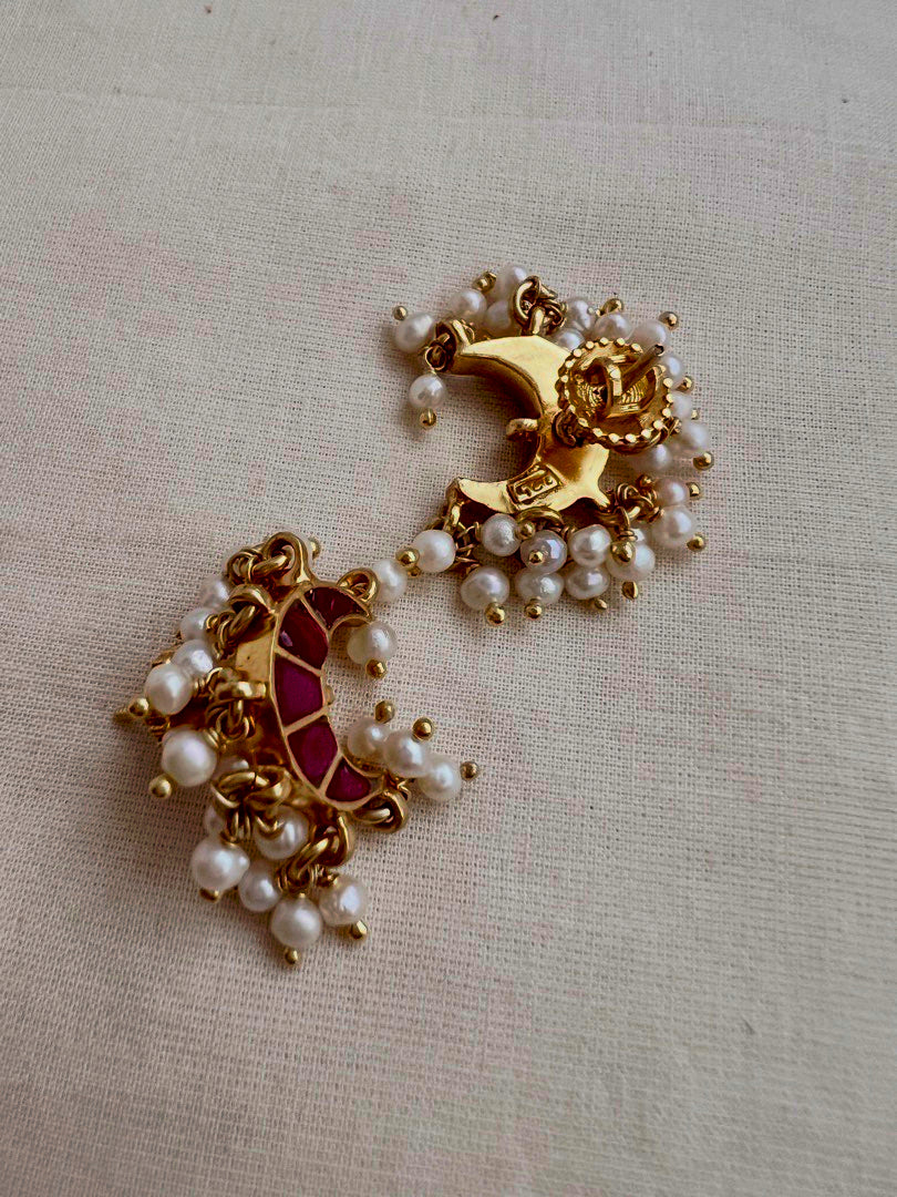 Gold polish ruby chaand studs with pearls
