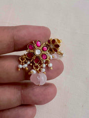 Gold polish kundan & ruby flower studs with pearls