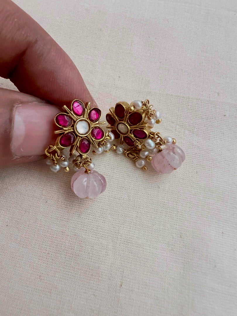 Gold polish kundan & ruby flower studs with pearls