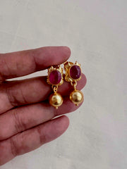 Gold polish ruby studs with gold bead hanging