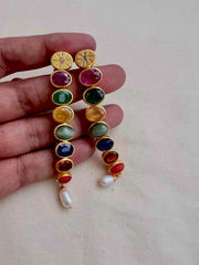 Gold polish navrathana long earrings