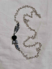 Carved green stone with nakash & pearls side mope long chain