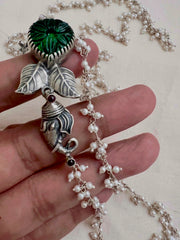 Carved green stone with nakash & pearls side mope long chain