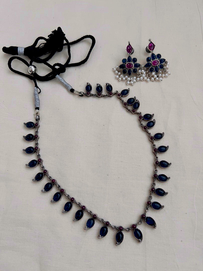 Blue and pink mango necklace with earrings, SET