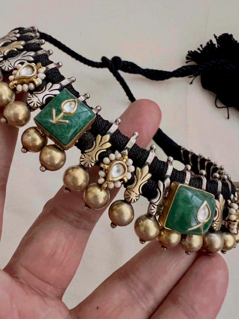 Dual tone kundan inlay work green stone black threaded necklace
