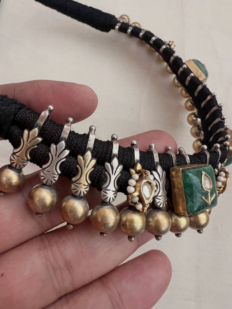 Dual tone kundan inlay work green stone black threaded necklace