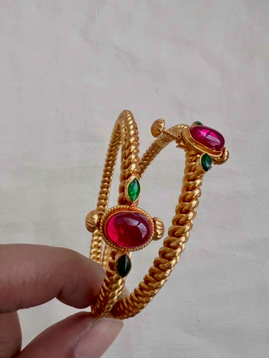 Gold polish golusu bangles with kemp ruby stones, PAIR