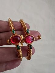 Gold polish golusu bangles with kemp ruby stones, PAIR